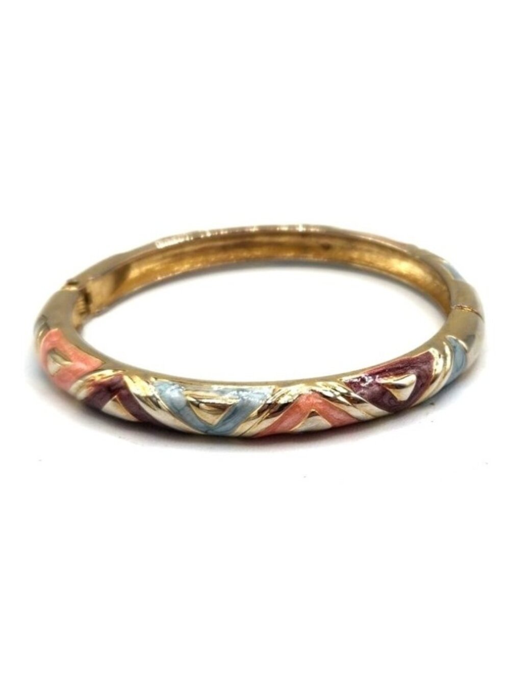 HInged Gold Tone Enameled Bracelet Pastel Colors - Vintage 1980's